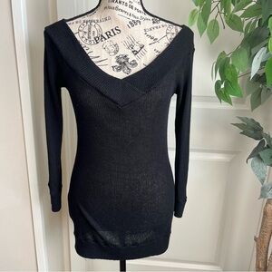 Green Ville Y2K Ribbed Knit Off-Shoulder Sweater Black Sz L